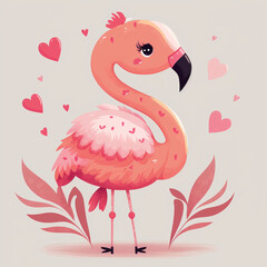Pink cute flamingo. Vector illustration. Cartoon. Portrait. Generative AI