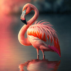 Portrait of exotic flamingo in the lake. Vector illustration. Artwork. Retro. Generative AI
