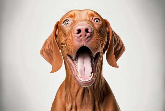 humorous dog showing tongue. White background with a Hungarian vizsla. Generative AI
