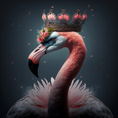 Queen flamingo with flower crown. Vector illustration. Artwork. Portrait. Generative AI - obrazy, fototapety, plakaty