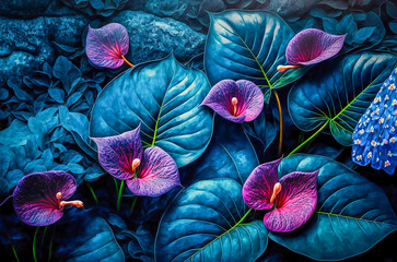 Anthurium flowers. anthurium plants blooming. Anthurium is a heart-shaped flower. The flower is often used at weddings in Hawaii and other pacific islands. Generative AI