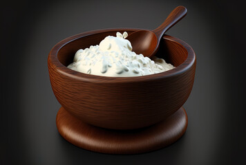 yogurt or sour cream in a wooden dish. Generative AI