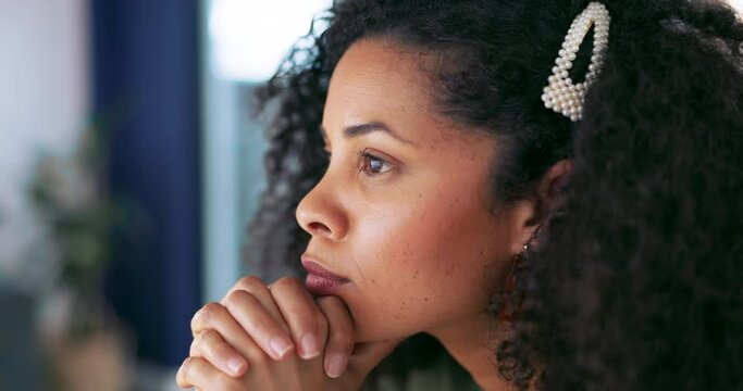 Creative black woman, face and thinking in marketing, advertising or corporate strategy for design at the office. Thoughtful African American female employee designer contemplating idea for startup