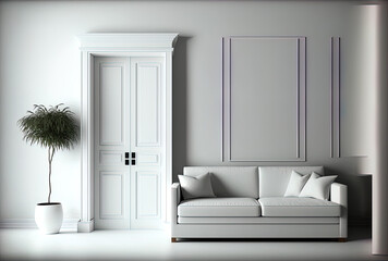 Living room interior wall with sofa and cupboard against blank white wall background. Generative AI