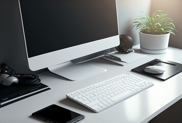 Fototapeta premium Modern office desk or home workstation with mock up of a laptop computer's white screen, wireless keyboard, and peripherals on a laptop stand. up close. Generative AI