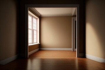 Vacant room with a light brown wall and a hardwood floor. Generative AI