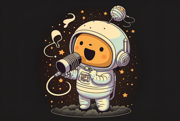 Cartoon symbol of a cute astronaut singing into a microphone in outer space. Generative AI