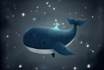 Obraz na płótnie Canvas Illustration of a cute animal whale with a star in the night. Generative AI