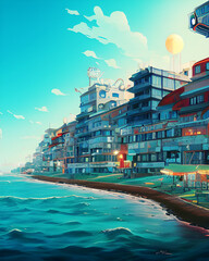 Fototapeta na wymiar Seaside Summer Villa - Retro Illustration
