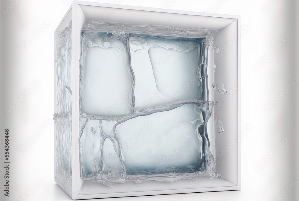 Poster a transparent rectangle made entirely of ice, set on a white background. concept of purity and fresh