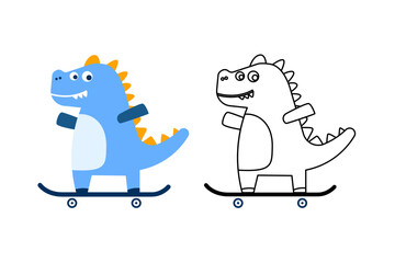 Coloring cute dino cartoon playing skateboard concept design illustration