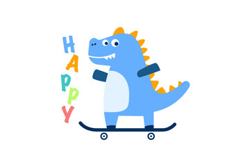 Cute dino cartoon playing skateboard concept design illustration