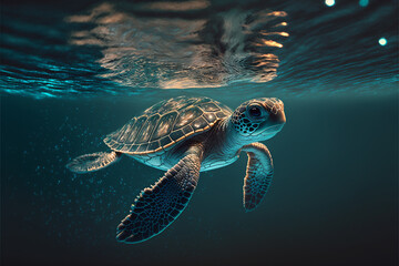 Fototapeta premium Baby Sea turtle swimming in the Ocean, Digital Illustration, Concept Art 