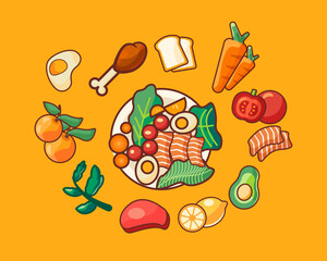 Healthy food, fruit and vegetables pack illustrations on plate