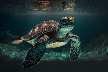 Obraz premium Baby Sea turtle swimming in the Ocean, Digital Illustration, Concept Art 