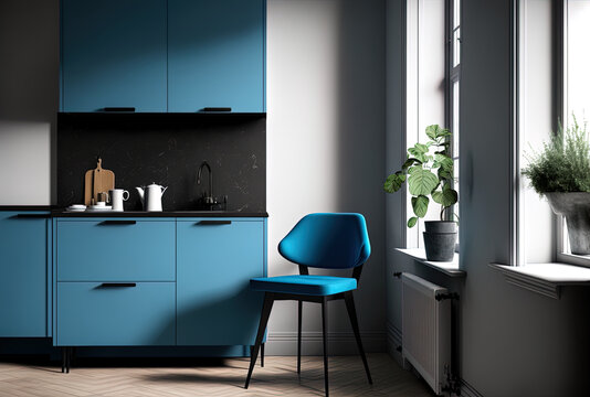Mockup of a contemporary kitchen with a blue cabinet and a black chair. Generative AI