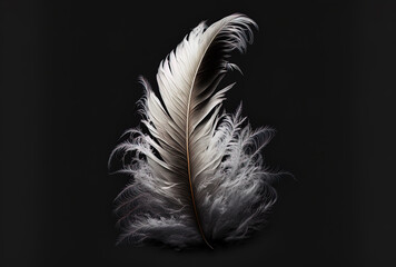 A dark background with white feathers. Generative AI