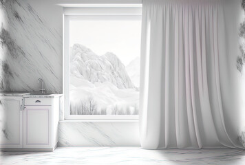 Realistic blank empty space with a spotlight for domestic goods display templates on a white marble kitchen counter in a contemporary residence. Window on balcony, white transparent curtains, and hous