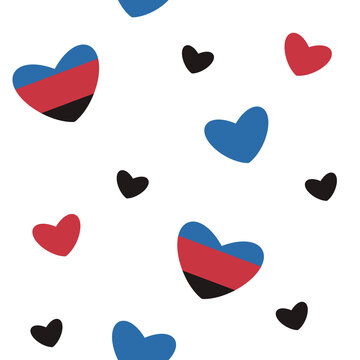 Hand-drawn seamless pattern with polyamorous flag hearts on white background. Polyamory, love diversity, LGBT and free relationships concept. Web or print background, raster design element.
