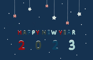 Fototapeta na wymiar Happy new year 2023 words are handwritten and decorated with snow and stars in blue background.