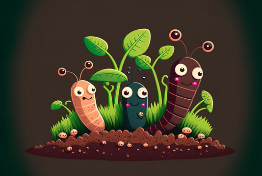 plants that thrive on earthworms. adorable worms at work in the ground. Concept of organic agriculture. Cartoon figures that are humorous, hand made in form. Generative AI