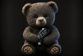 Obraz premium resist message on a black backdrop with a cute bear doll smoking a cigarette. Generative AI