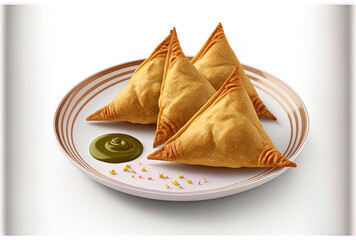 Potato Samosa Snacks Isolated on White Background. Pakistani Iftar food and Indian Ramadan food. Generative AI