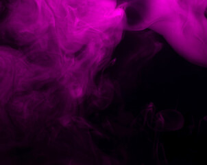 Abstract background of chaotically mixing puffs of purple smoke on a dark background