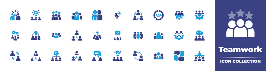 Teamwork icon collection. Duotone color. Vector illustration. Containing team, brainstorming, rating, teamwork, support, problem solving, team management, employee, team work, agreement, and more. - obrazy, fototapety, plakaty