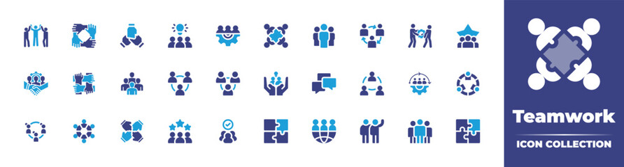 Teamwork icon collection. Duotone color. Vector illustration. Containing teamwork, idea, team, group, discuss, people, appraisal, world, puzzle, and more.
