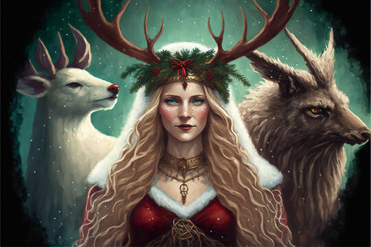 Pagan Christmas Yule Holiday Card Style Painting with Winter Godess, Yule Goat, Yule Cat  Generative AI