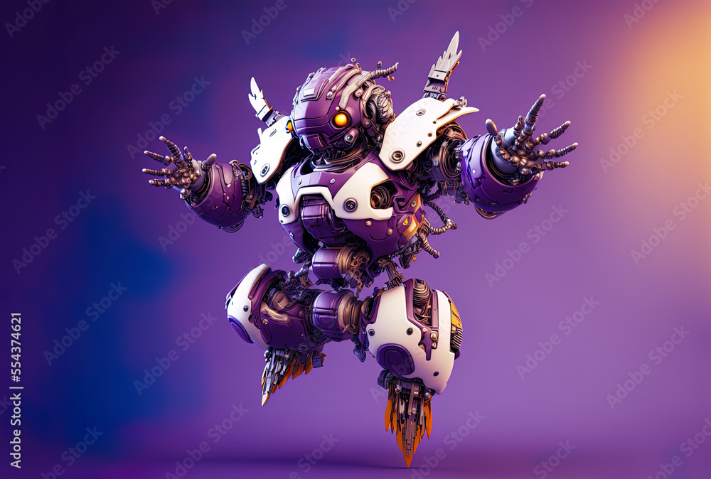 Poster hands up flying robot in cute pose against a purple backdrop. technological idea. generative ai