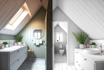 Before and after renovations to a small bathroom in an attic. Scandinavian design features bright white and neutral colors. Country home interior design, architecture, and home staging. Generative AI