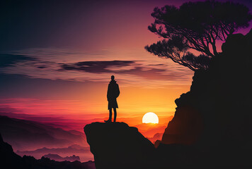 Man in silhouette gazing at the sunset from a cliff in the foreground. Generative AI