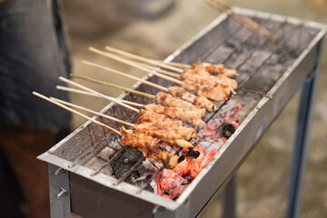 Sate ayam or chicken satay with charcoal ingredient on red fire charcoal grilling, cooking satay.