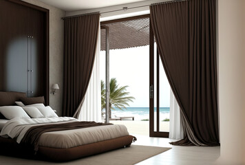 Decorate a modern bedroom with a bed made of brown cloth. Large open folding doors that overlook the patio are there. The wind blowing into the room caused the drapes to swing. Generative AI