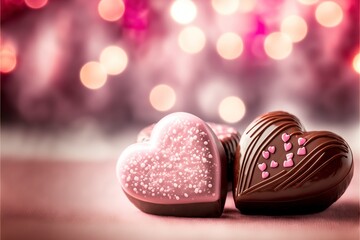Valentine's day romantic scene with chocolates and hearts on a pink background