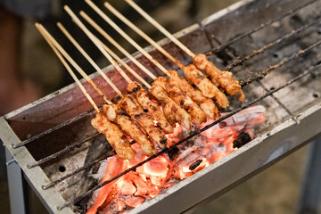 Sate ayam or chicken satay with charcoal ingredient on red fire charcoal grilling, cooking satay.