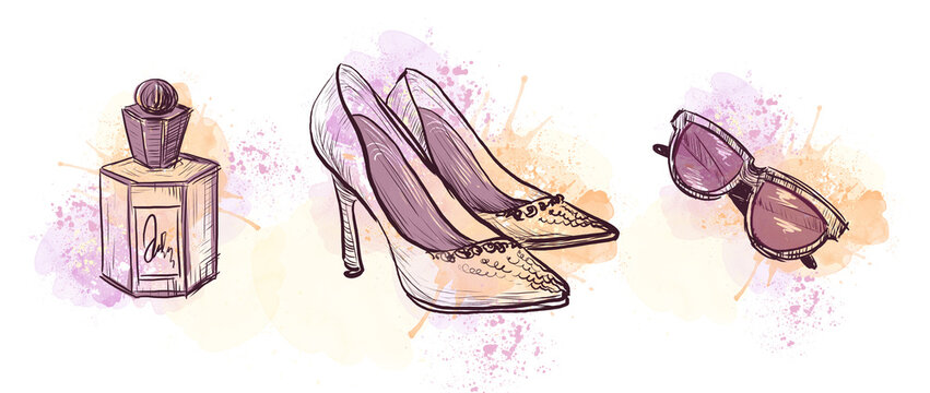 Fashion accessories for women in vintage style. A set of women's things, hand-drawn, watercolor sketch. Perfume, sunglasses, shoes on a white background.