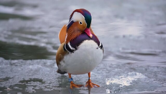 The mandarin duck male close-up, walks on the lake which is covered with ice and preening. The reservoir is partially covered with ice. Lazienki park, Warsaw.