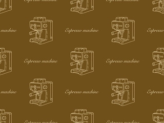 Espresso machine cartoon character seamless pattern on brown background