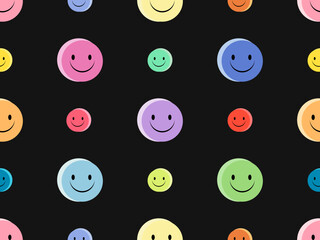 Smile cartoon character seamless pattern on black background