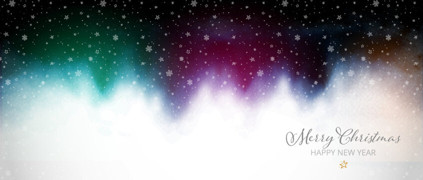 Christmas greeting card with northern lights and snowfall. Simple minimalist style