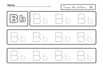 Trace letters b. uppercase and lowercase. Alphabet tracing practice preschool worksheet for kids learning English. Activity page for Pre-K, kindergarten. Vector illustration