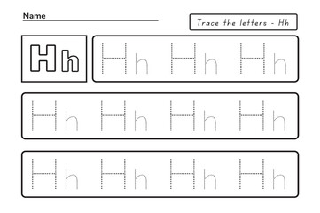 Trace letters h. uppercase and lowercase. Alphabet tracing practice preschool worksheet for kids learning English. Activity page for Pre-K, kindergarten. Vector illustration
