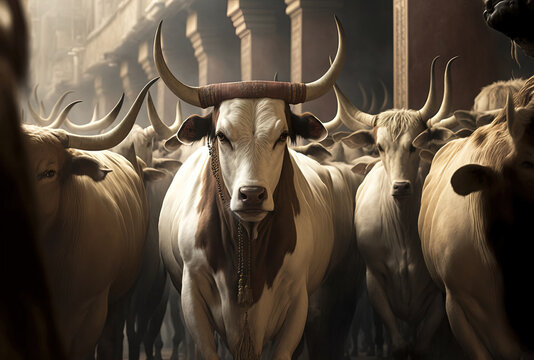 a herd of cows or other livestock is readied for sacrifice on Eid al Adha or Eid al qurban. taurus b. Generative AI