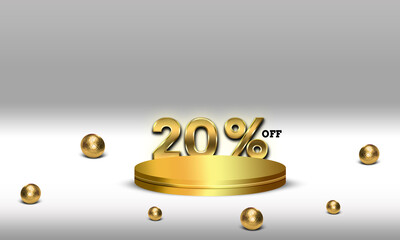 20 percent off gold 3d text with round podium. . 20 percent sale promo banner with 3d shapes.