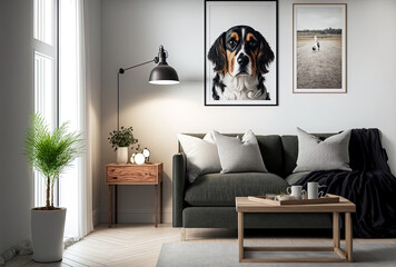 Modern apartment's chic and Scandinavian living room features a gray sofa, a stylish wooden toilet, a black table, a lamp, and abstract wall art. A lovely puppy is curled up on the couch. interior des