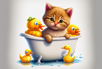 Fototapeta na wymiar Cartoon symbol of a kitten taking a bath in the tub with duck toys. Generative AI
