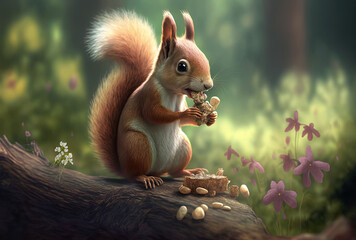 In a woodland, a cute squirrel consumes a nut. Generative AI